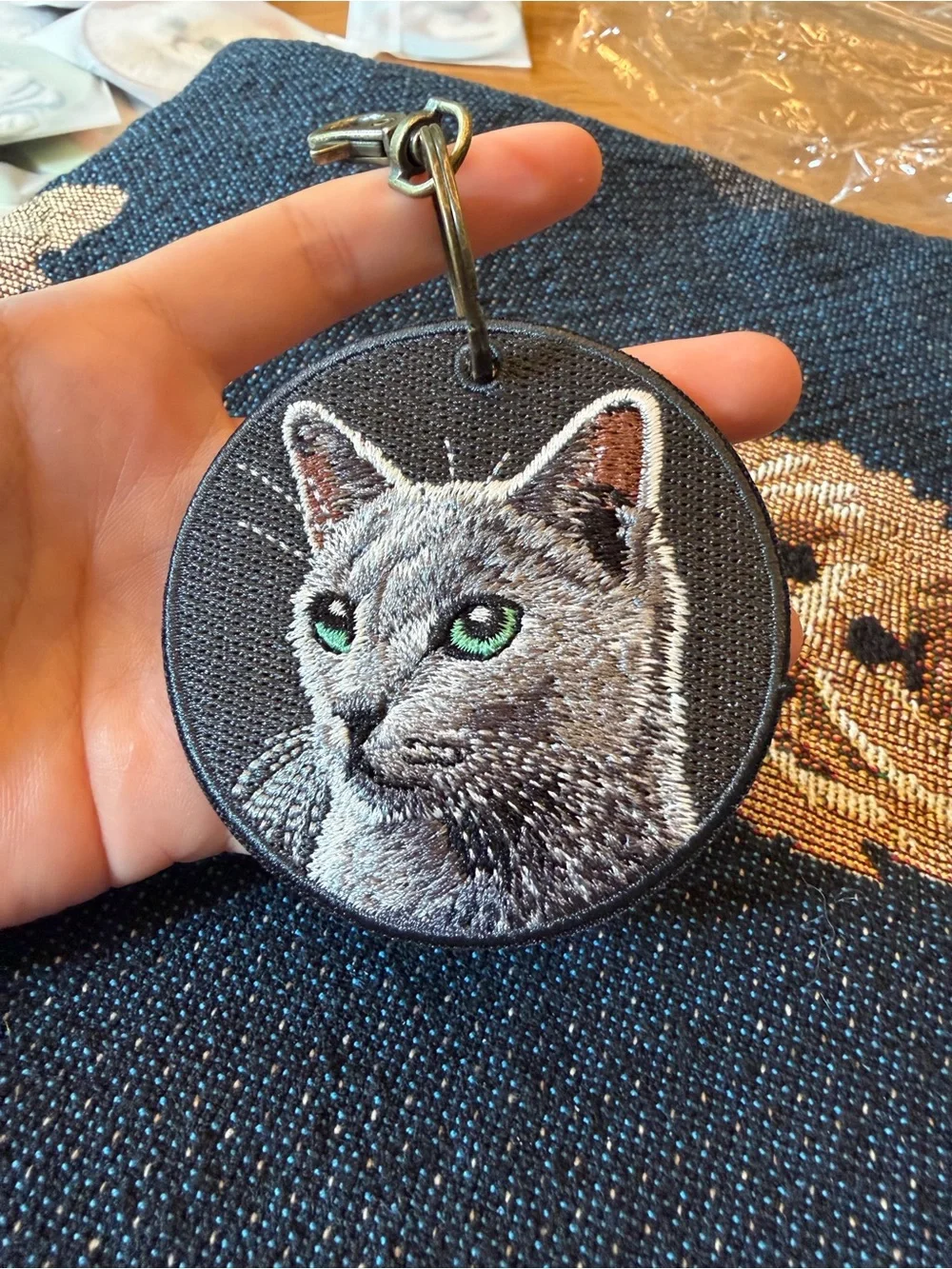 Double-Sided Embroidered Gray Cat Keychain / Bag Charm